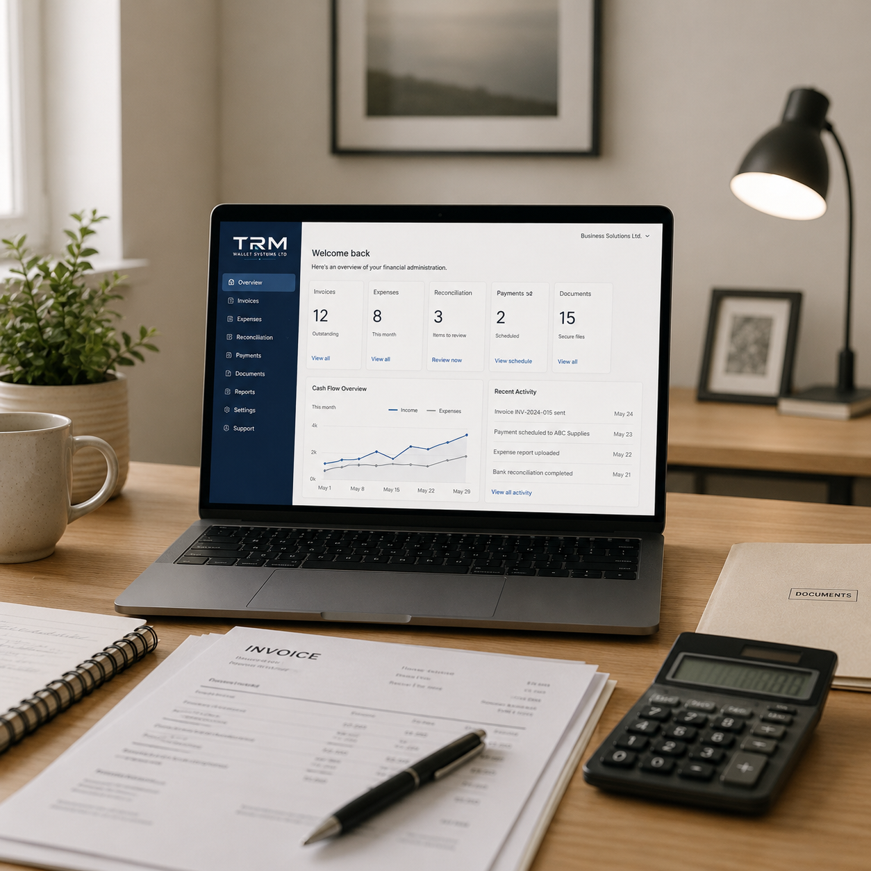 TRM dashboard on a laptop in a modern office